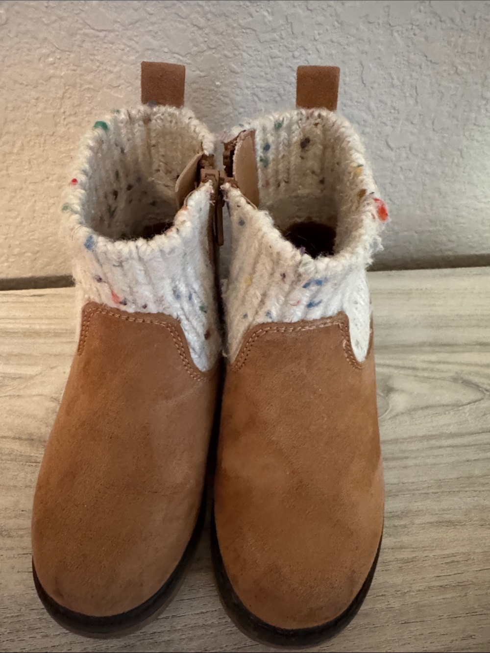 Cat & Jack Tan Booties with Cream Speckled Knit Cuff